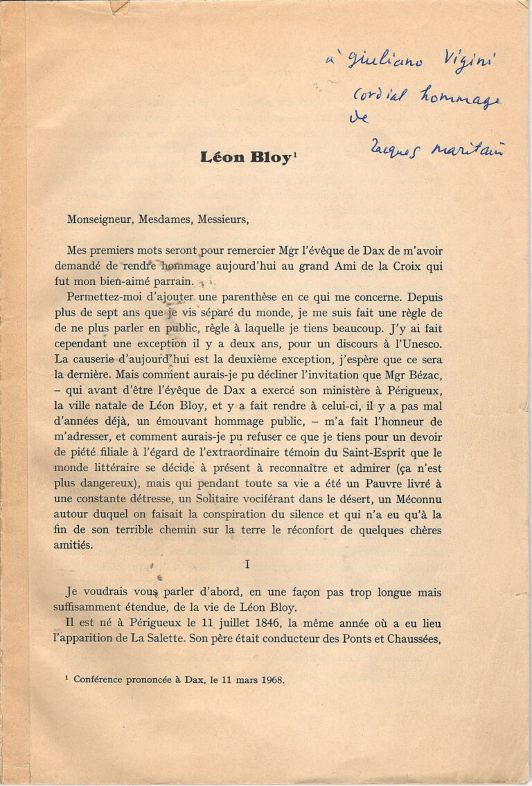 L'incontro fra i due intellettuali cattolici francesi, in questo articolo per Parva Favilla del prof. Giuliano Vigini, del quale è uscito in libreria "Il peccato e la grazia" (ed al quale Jacques Maritain inviò una dedica autografa)Bloy, l’inquisitore di Francia, e Maritain, il filosofo dell’umanesimo integrale