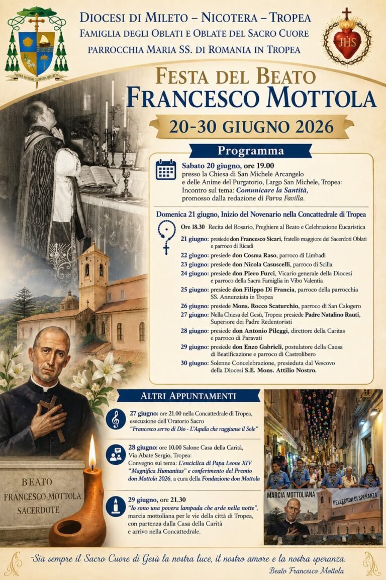 L'invito alle comunità a partecipare (anche alle iniziative collaterali), nella lettera indirizzata ai sacerdoti della Diocesi dal Fratello Maggiore dei Sacerdoti Oblati del Sacro Cuore, don Francesco SicariIl programma della Festa del Beato Francesco Mottola