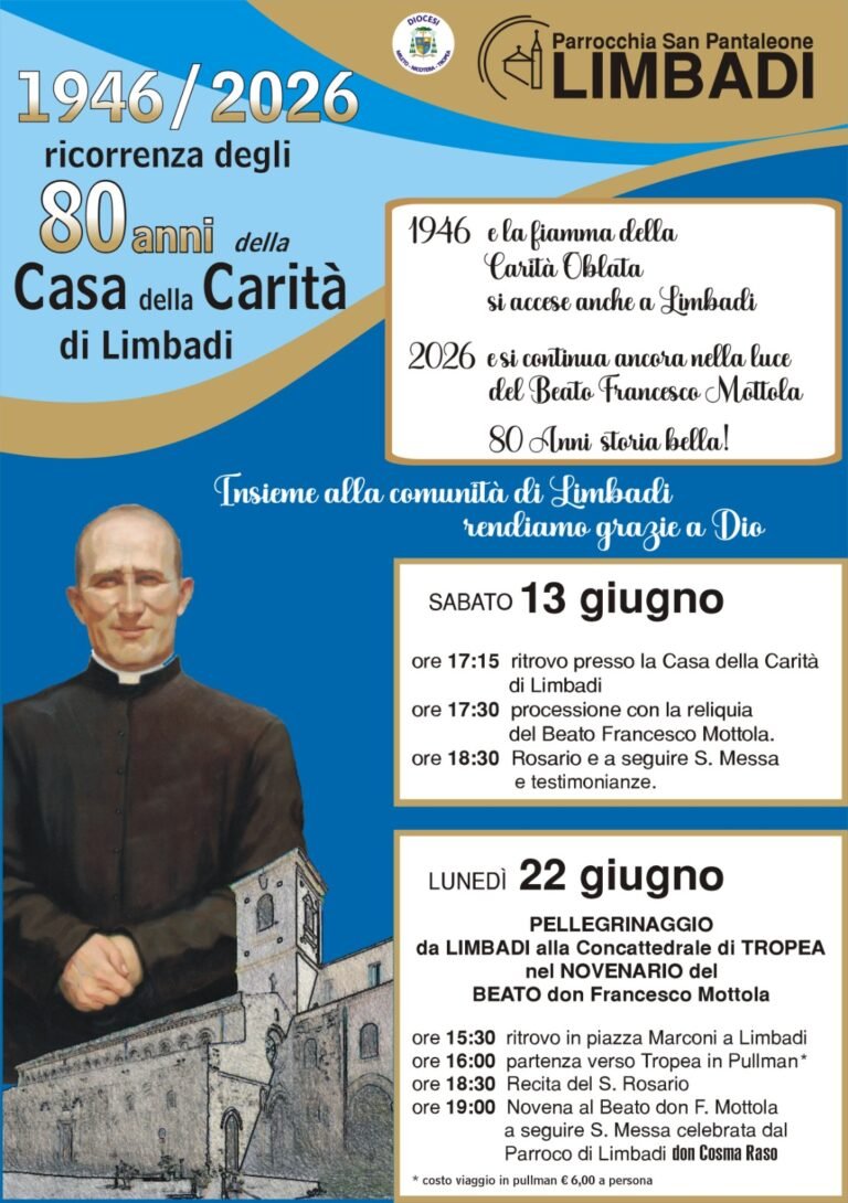 Domani una Santa Messa con testimonianze nella chiesa di San Pantaleone, preceduta da una processione con la reliquia del Beato Francesco MottolaLimbadi festeggia gli 80 anni della Casa della Carità