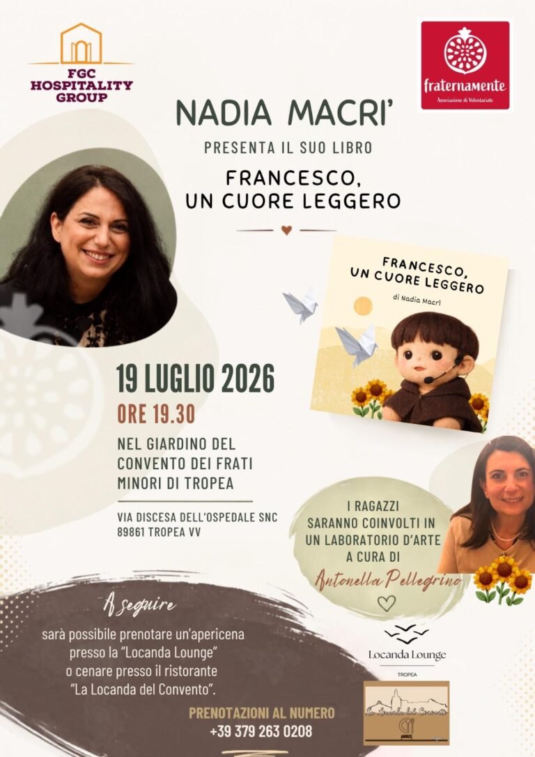 La presentazione alle 19:30 nel giardino dei Frati Minori affacciato sul mareIl cuore leggero di San Francesco e i bambini: il libro di Nadia Macrì il 19 luglio al Convento di Tropea